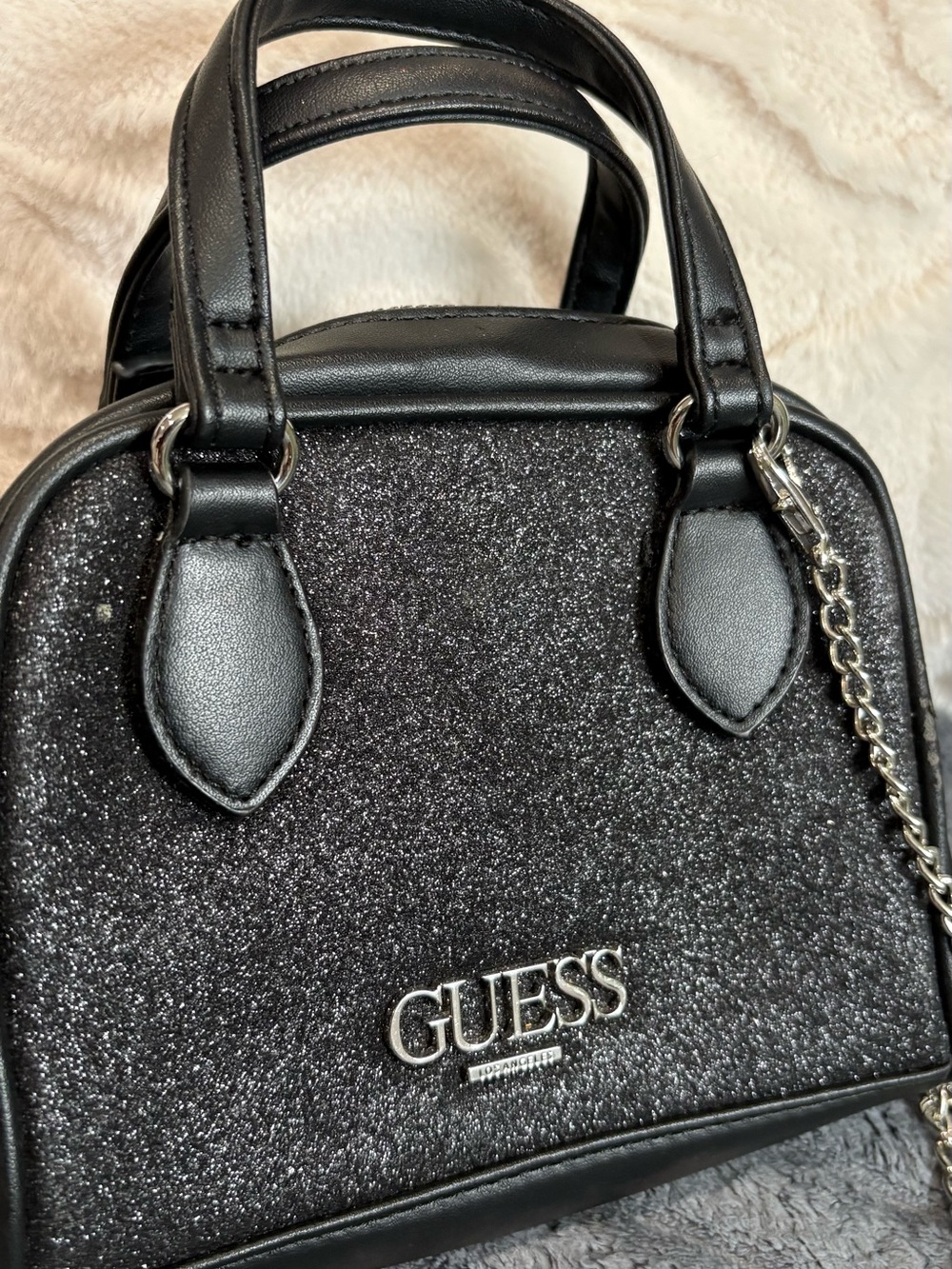 GUESS Black Glitter Mini Satchel with Chain Strap